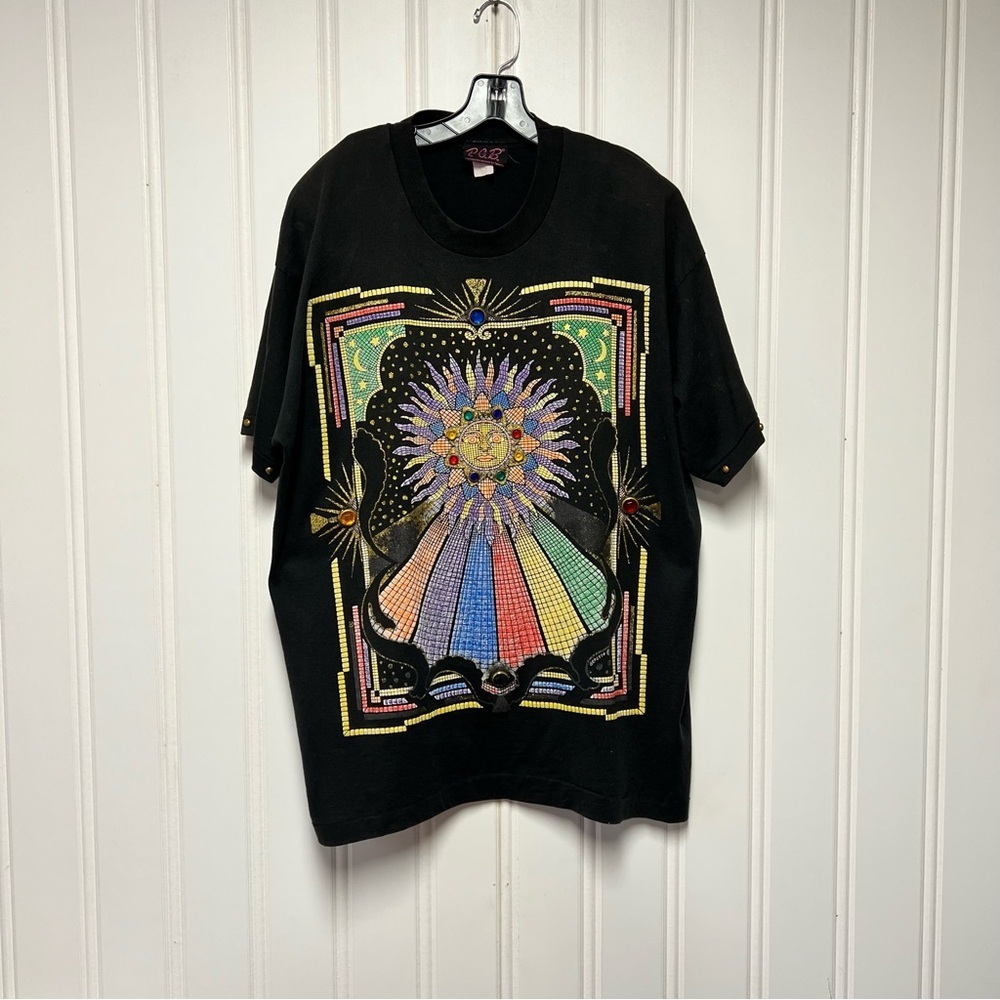 Black ✨ Vintage P.G.B. Rhinestone Art Tee – 90s Designer Celestial Sun Shirt ✨XL